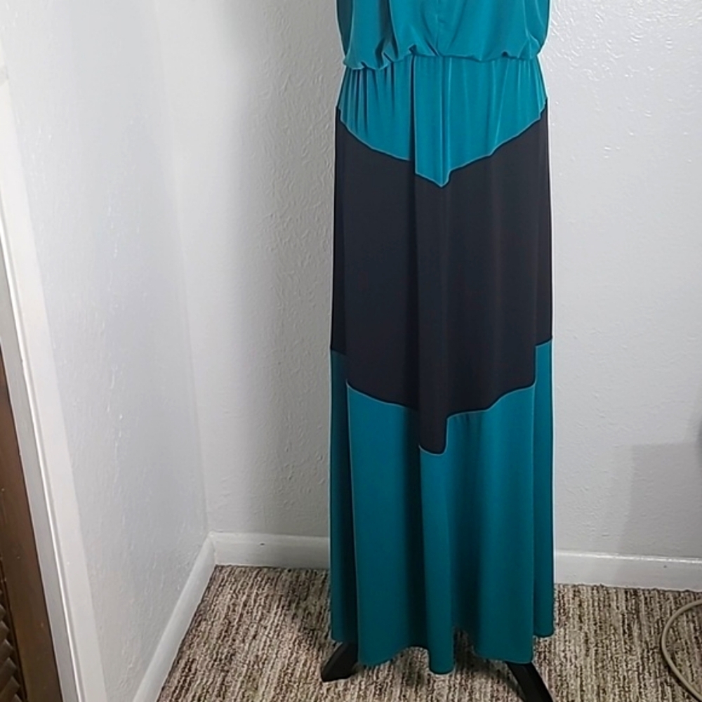 London Style White, Teal, Black Colorblock Maxi-Dress, Halter Neckline Sz Medium - Picture 6 of 12